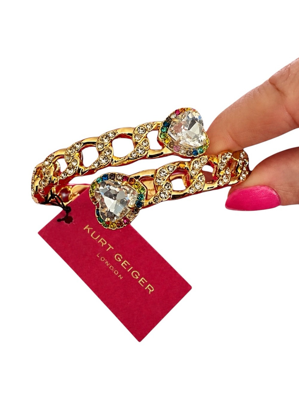 NWT Kurt Geiger London Rainbow Heart Hinged Bypass Bracelet Gold